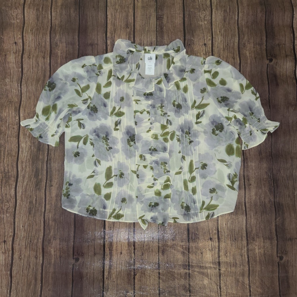 Cabi Printed Cherish Blouse Womens S Sage Green Sheer Cottagecore Romantic - Picture 2 of 10